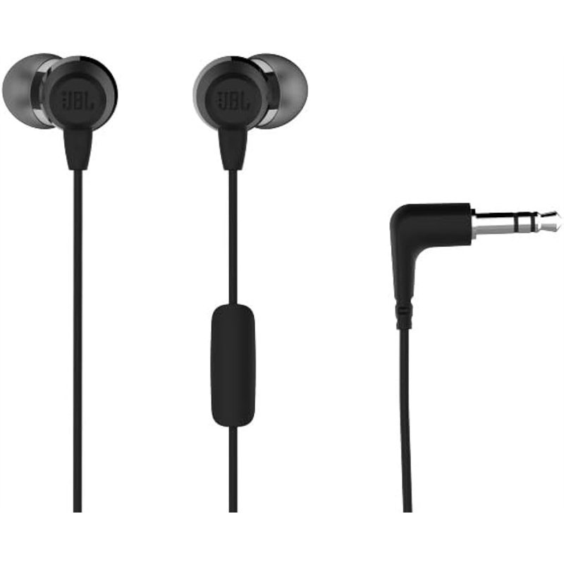 JBL T50HI ausinės, laidinės, į ausis įstatomos, mikrofonas, 3,5mm, juodos
