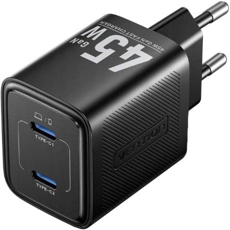 Vention 45W PD - GaN technology charger, 2x USB-C (black)