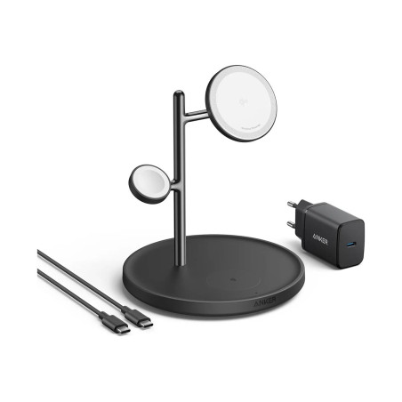 Anker MagGo Wireless Charging Station (15W, 3-in-1 Stand) with cable and charger bundle | B25M3312