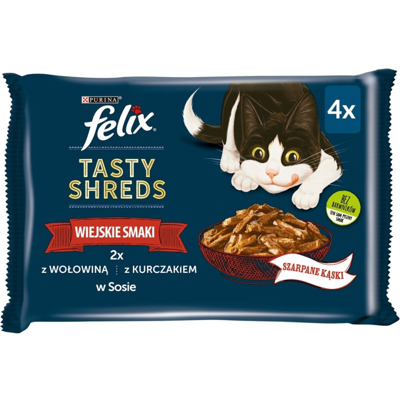FELIX Tasty Shreds šlapias kačių maistas su jautiena ir vištiena, 4x80g pakuotė