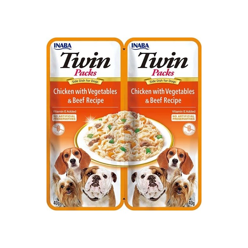 INABA Dog Twin vištiena su daržovėmis ir jautiena sultinyje, skanėstas šunims, 2x40g