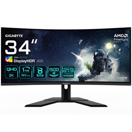 GIGABYTE G34WQCP 34" UWQHD Curved Gaming Monitor - 3440 x 1440, 1500R, 180Hz, 1ms, 350 cd/m2, AMD FreeSync Premium, DisplayHDR 4